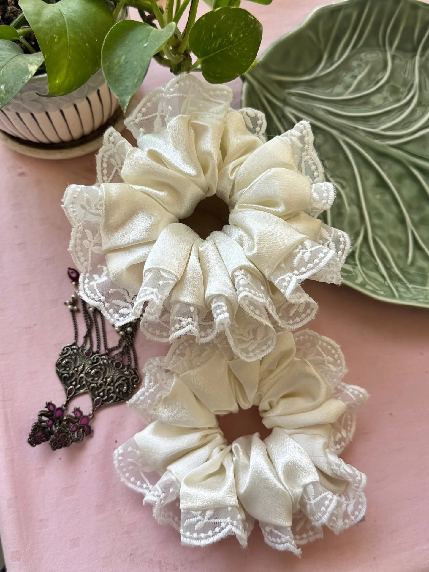 Cream satin scrunchies with delicate lace trim detail by Bows and Bags India handmade hair accessories