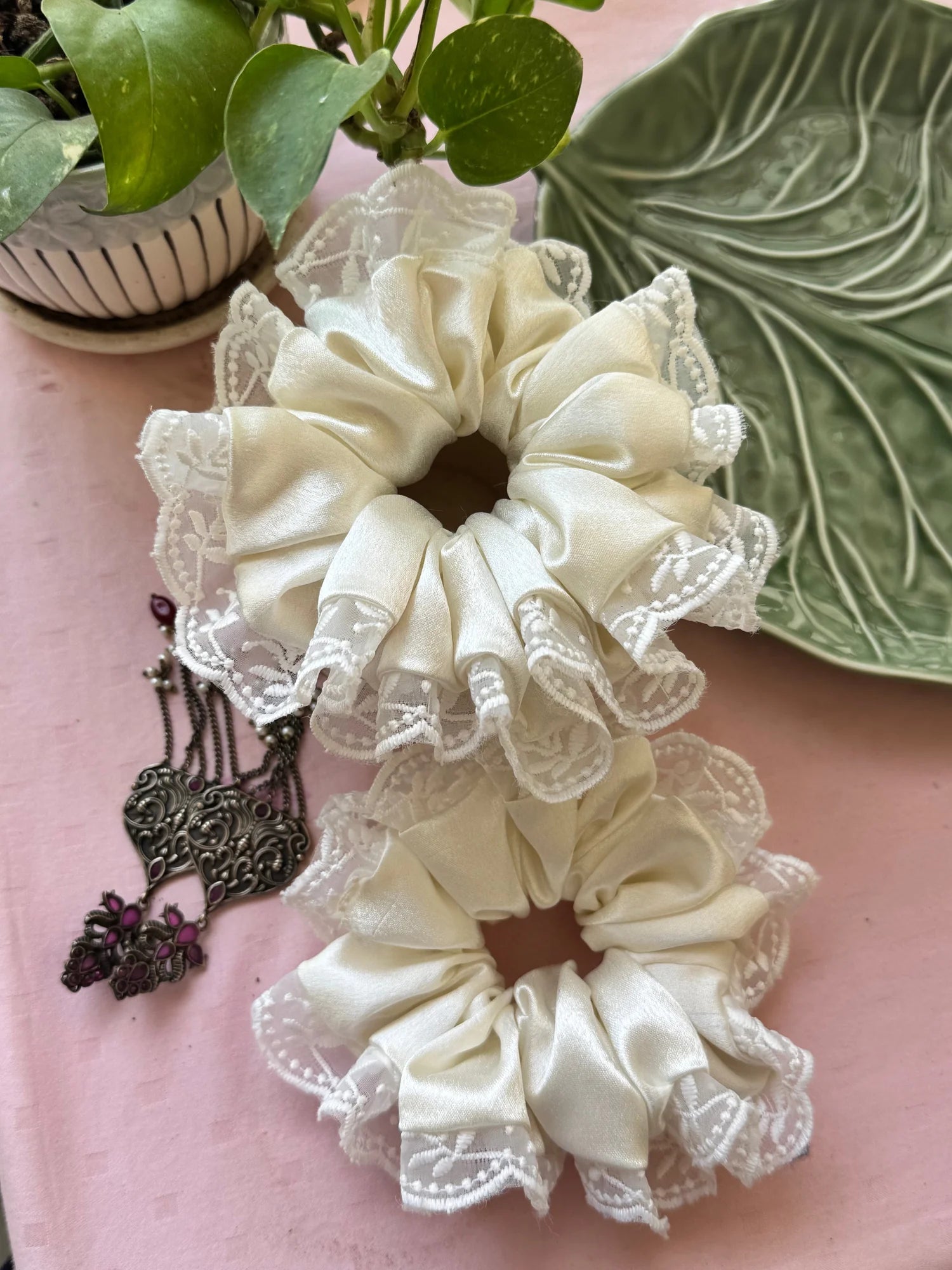 Cream satin scrunchies with delicate lace trim detail by Bows and Bags India handmade hair accessories