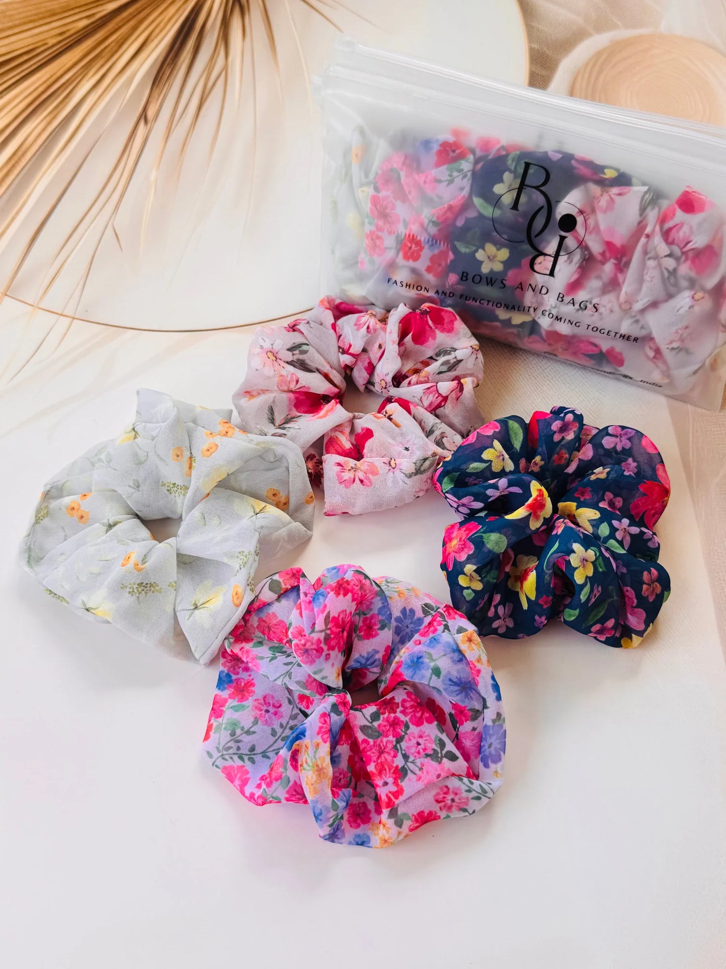 Spring basket floral georgette scrunchies pack of 4 by Bows and Bags India, handmade hair accessories in assorted pink,