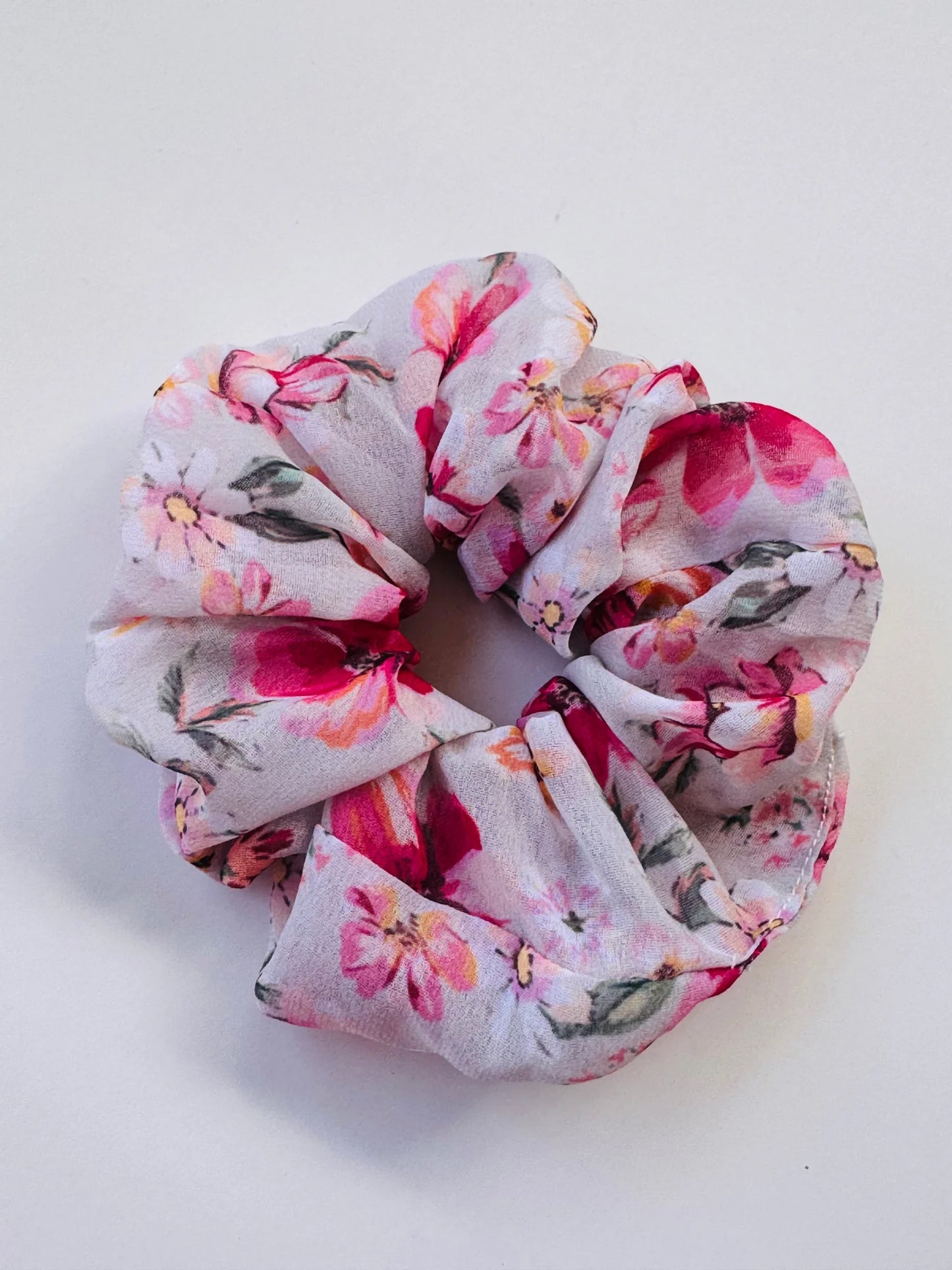 Large floral georgette scrunchies pack by Bows and Bags India showing vibrant pink and white handmade hair accessories