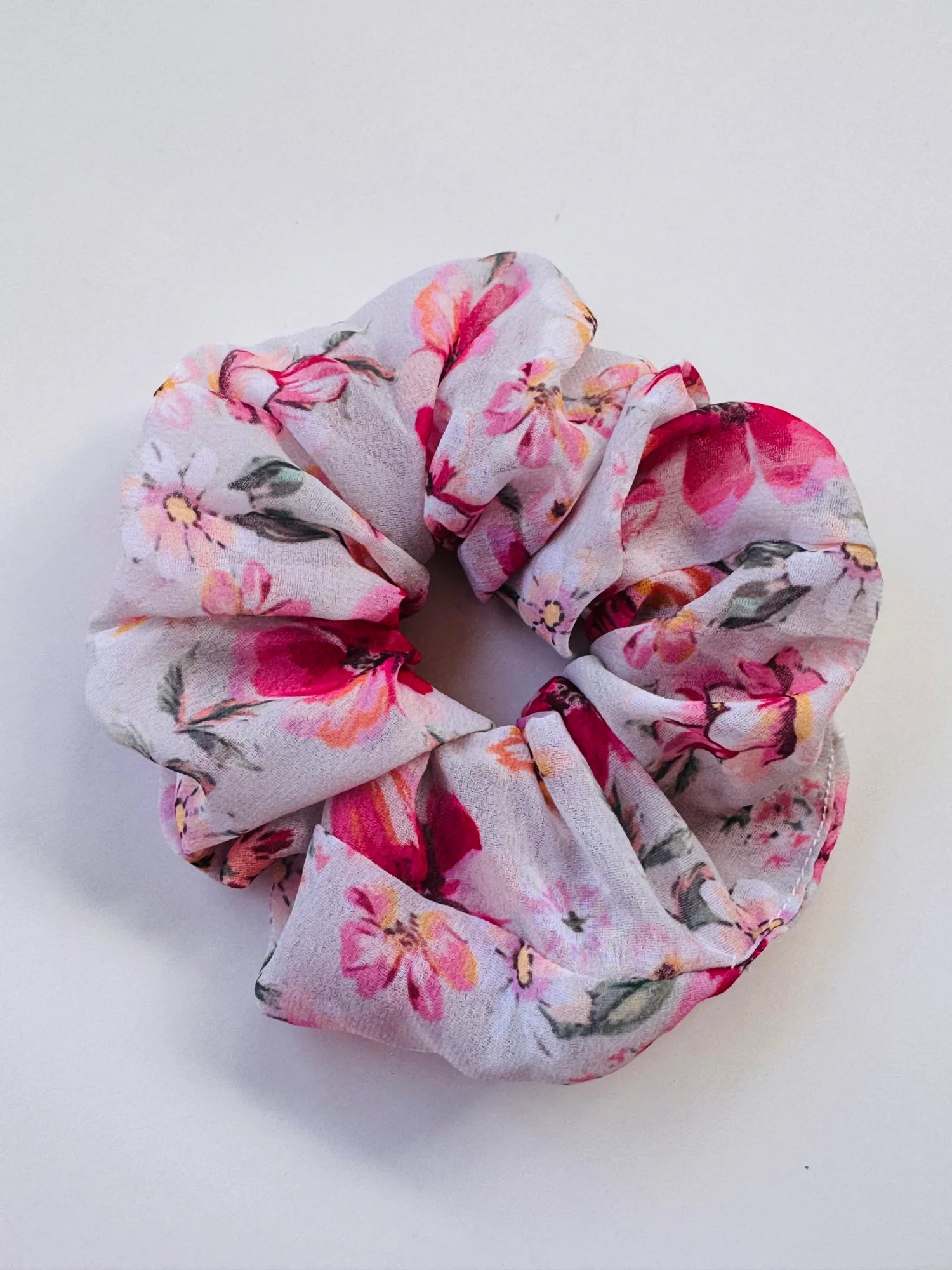 Large floral georgette scrunchies pack by Bows and Bags India showing vibrant pink and white handmade hair accessories