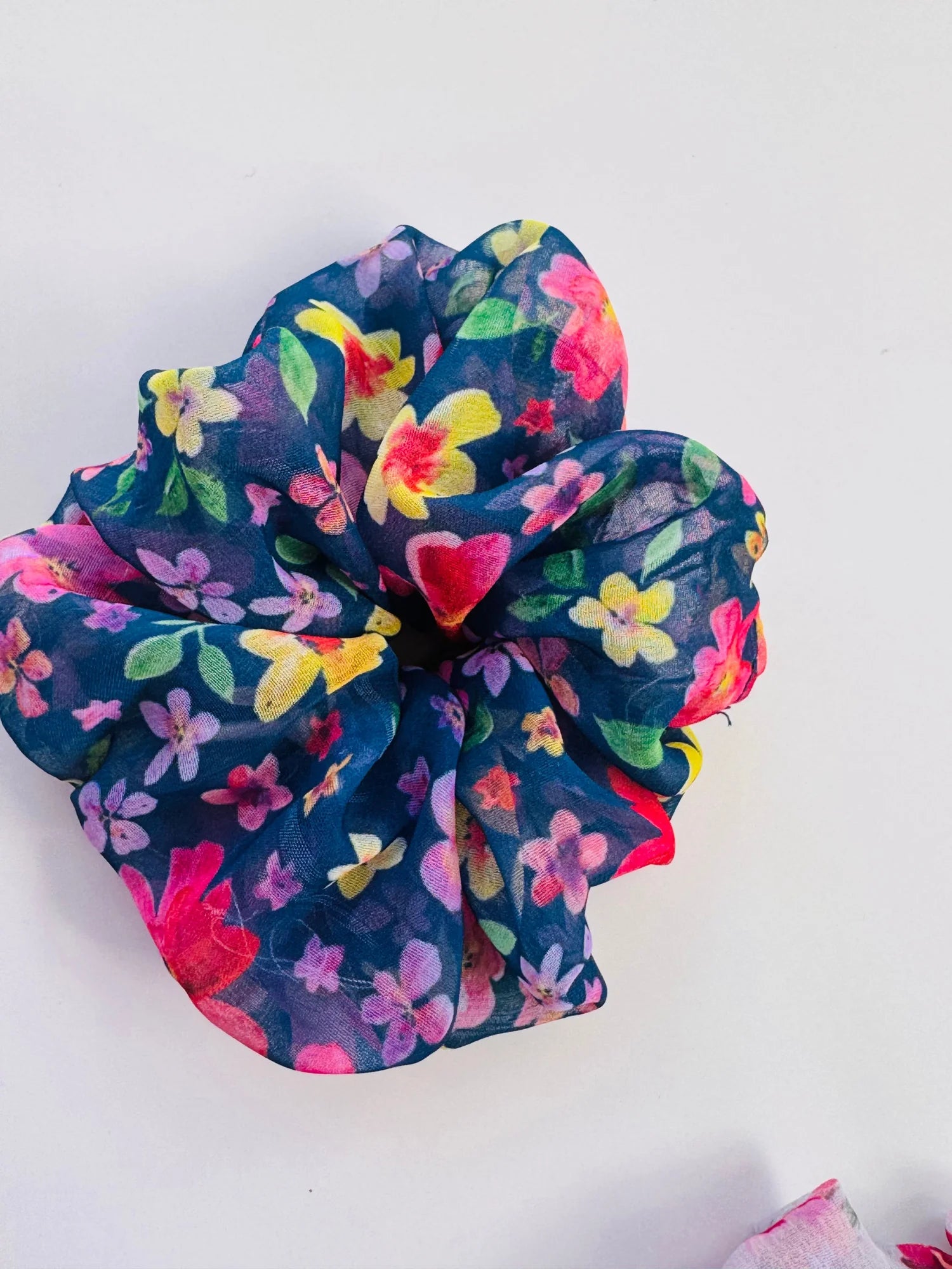 Large floral georgette scrunchies pack in vibrant pink, yellow, purple prints by Bows and Bags India handmade hair