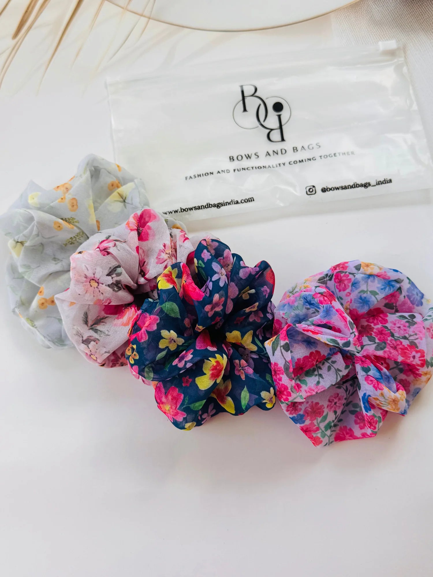 Spring Basket floral georgette scrunchies pack of 4 by Bows and Bags India, handmade hair accessories in assorted prints