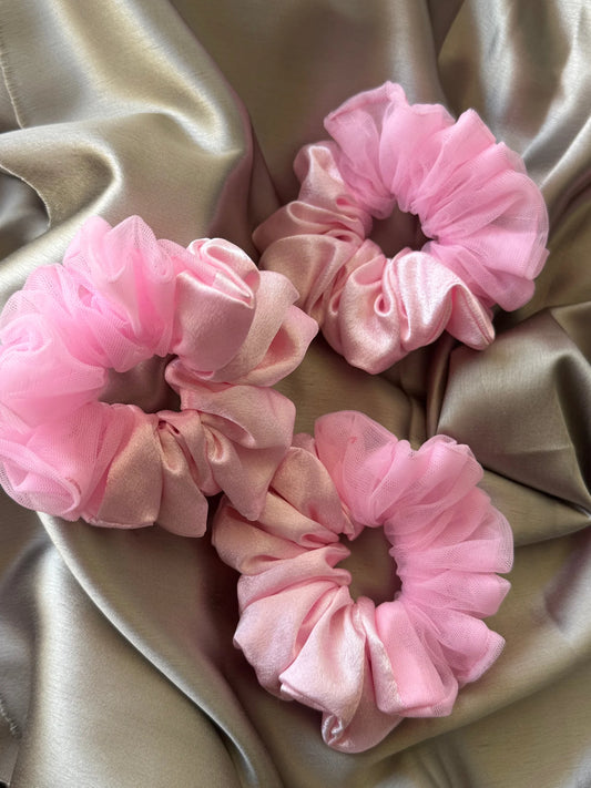 Baby pink satin and net scrunchies with elegant tulle detail by Bows and Bags India, handmade hair accessories on neutral