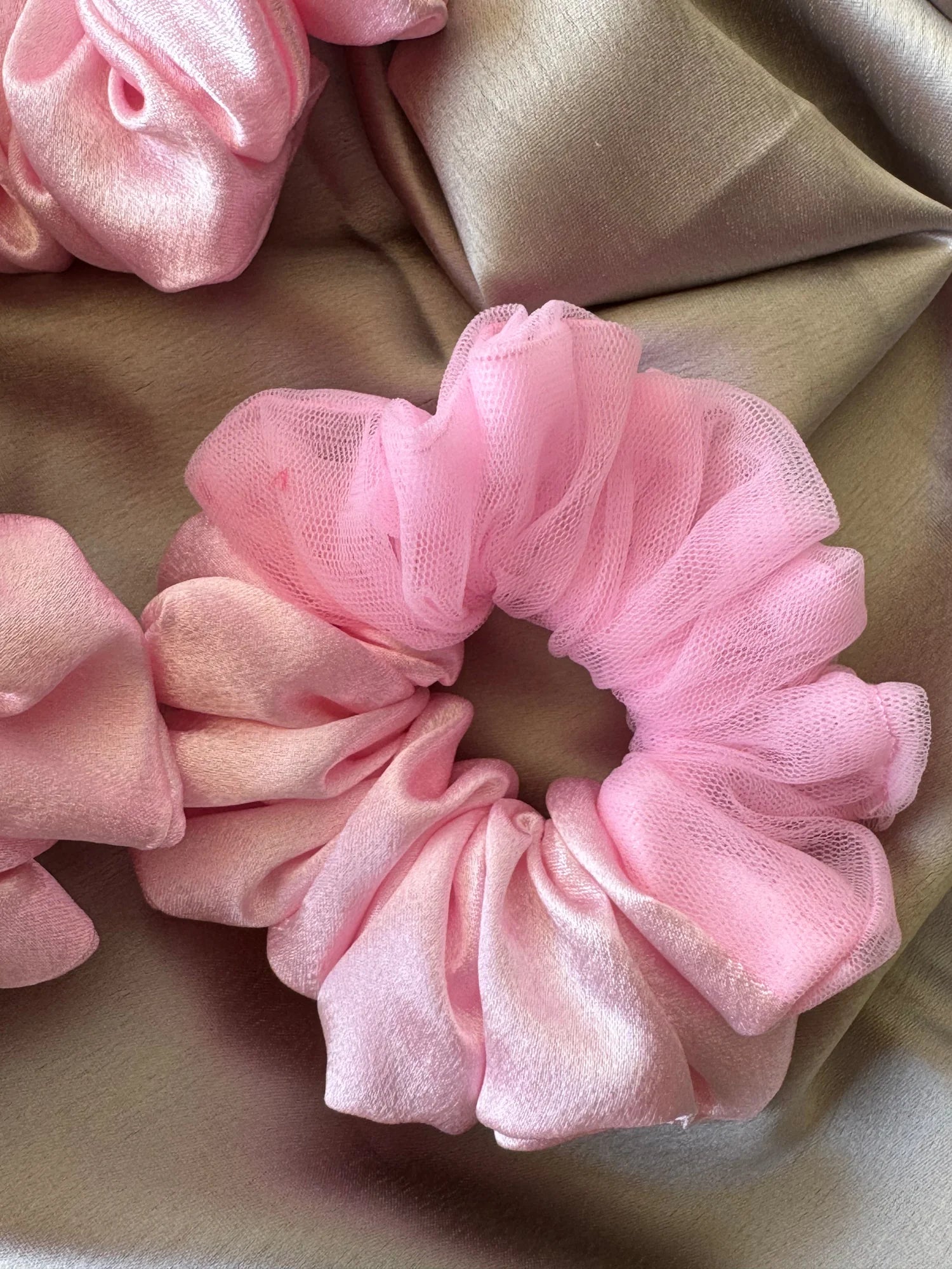 Soft baby pink satin and net scrunchie with delicate texture detail from Bows and Bags India handmade collection