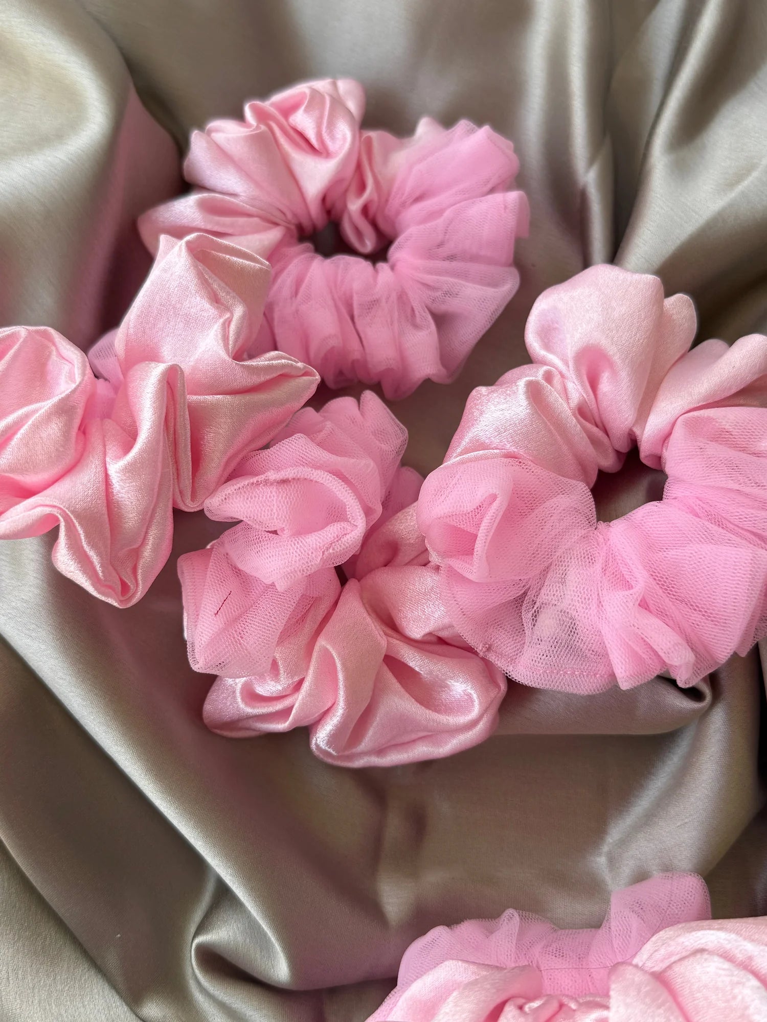 Baby pink satin and net scrunchies bundle by Bows and Bags India showing delicate texture detail and romantic handmade hair