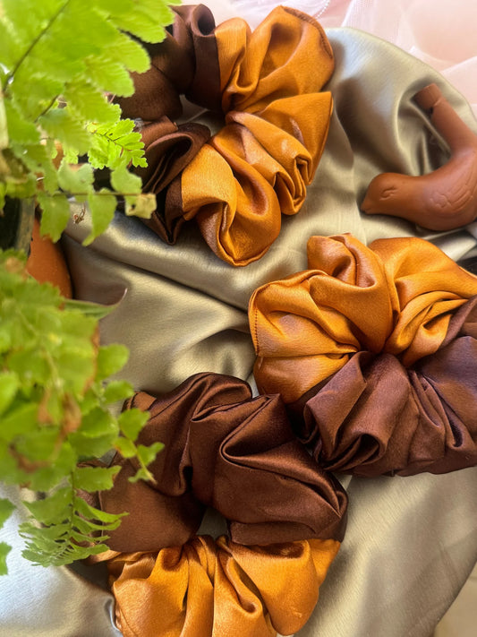 Terracotta Flower satin scrunchies in earthy gold and brown tones by Bows and Bags India, handmade hair accessories
