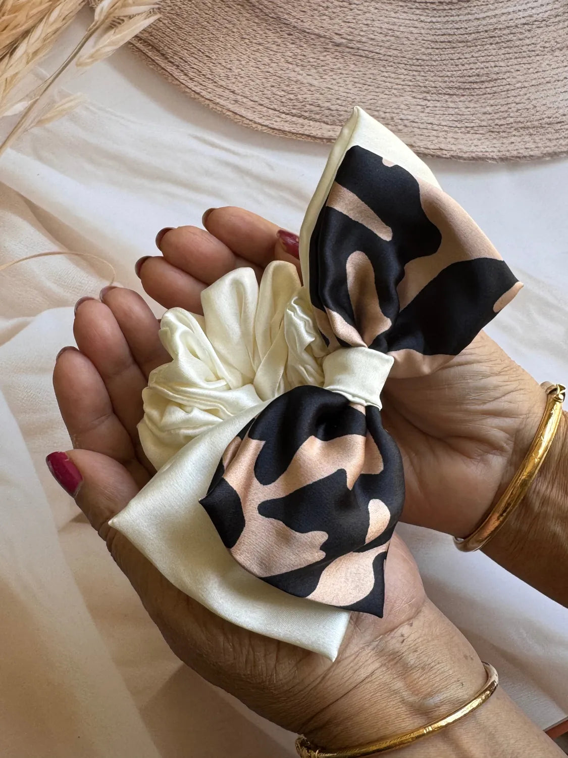 Bows and Bags India | Untamed Satin Bow Scrunchie | detail view | handmade hair accessories India
