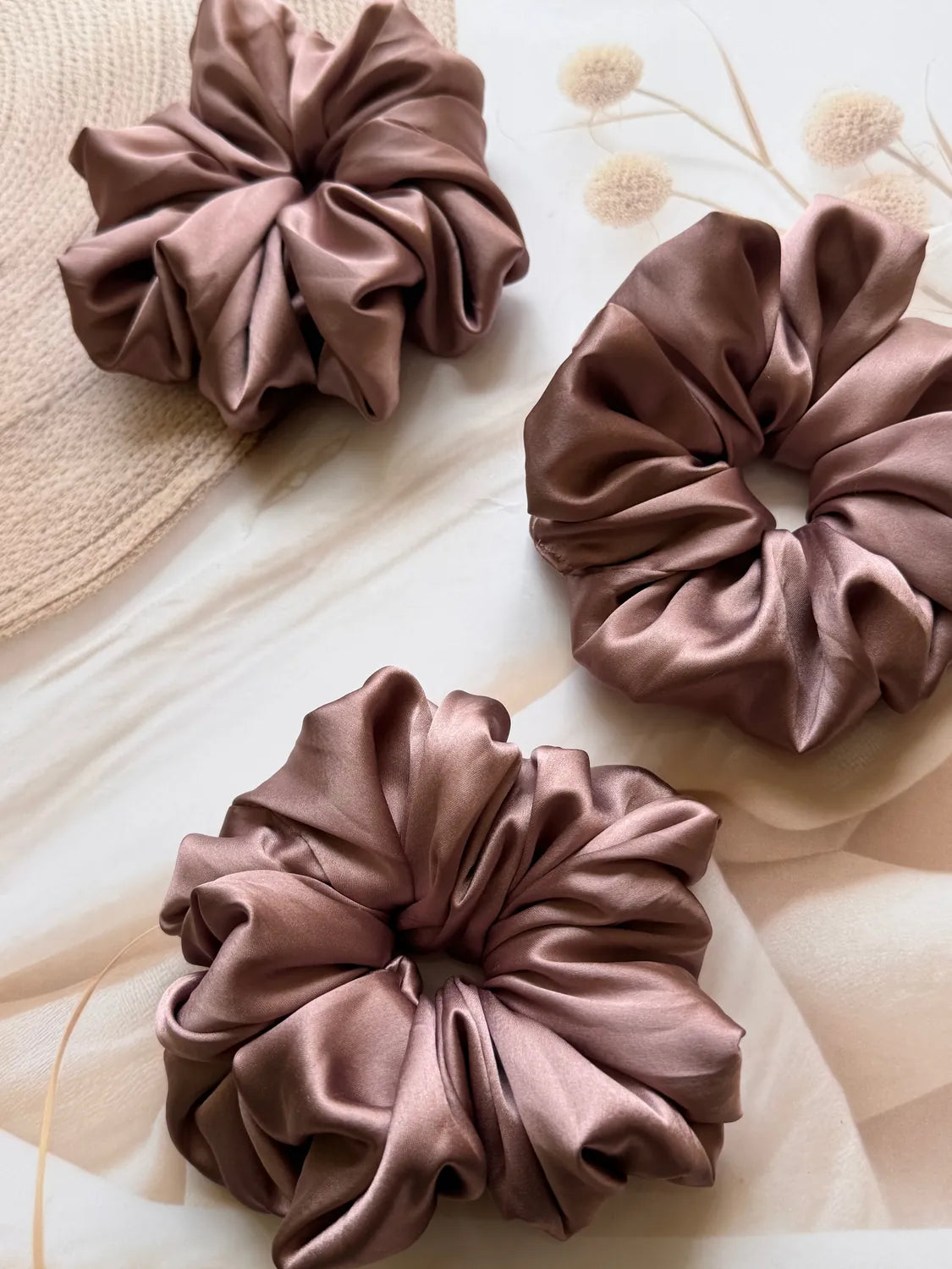 Bows and Bags India | Velvet Dunes – Silky Smooth XL Oversized Satin Scrunchie | texture closeup | handmade hair accessories 