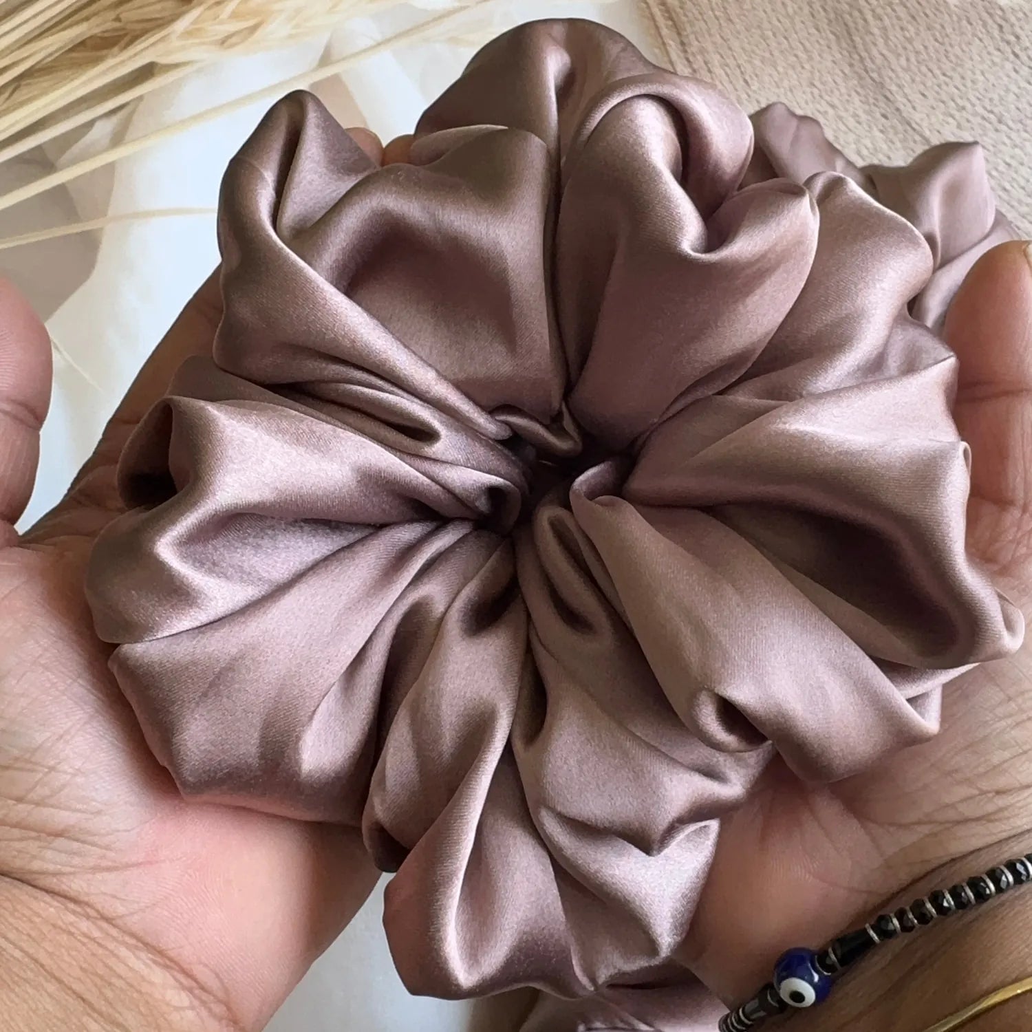 Bows and Bags India | Velvet Dunes – Silky Smooth XL Oversized Satin Scrunchie | lifestyle shot | handmade hair accessories I